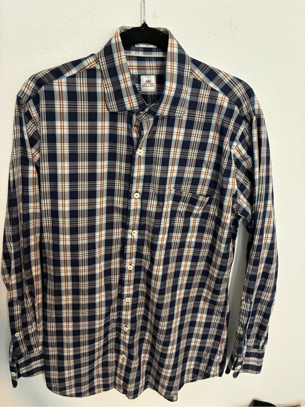 Peter Millar Navy Plaid Button-Down Shirt with White and Tan Stripes